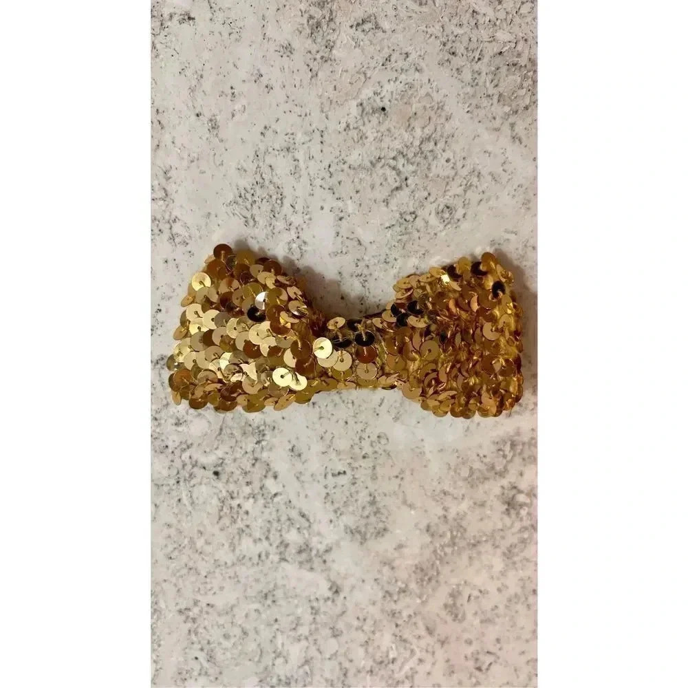 Vintage Retro Gold Sequin Clip on Bow Tie Holidays Festive Accessories